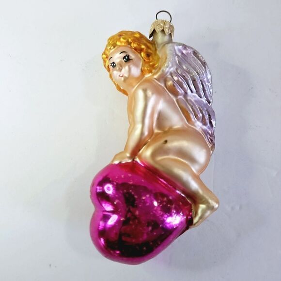 Vintage Christopher Radko 'Heart Ride' 1996 Blown Glass Cupid Angel Ornament - Picture 2 of 11